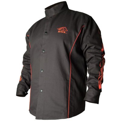 Black Stallion BSX Contoured FR Cotton Welding Jacket, Black with Red Flames – BX9C
